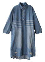Women lapel Hole spring outfit Shape denim blue Dresses