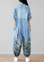 Women light Blue pockets O-Neck Print denim Jumpsuit Spring