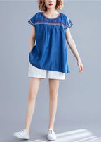 Women o neck patchwork cotton blouses Work denim blue summer