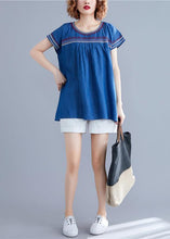 Load image into Gallery viewer, Women o neck patchwork cotton blouses Work denim blue summer