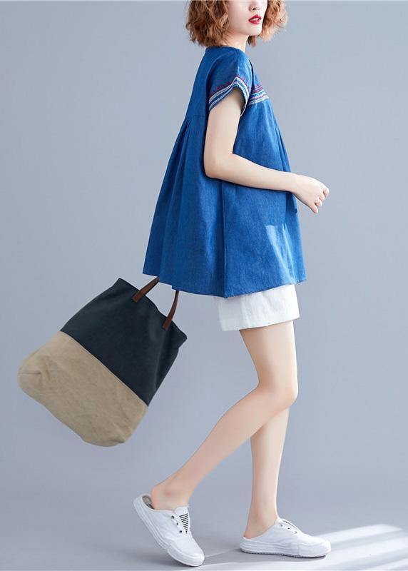 Women o neck patchwork cotton blouses Work denim blue summer