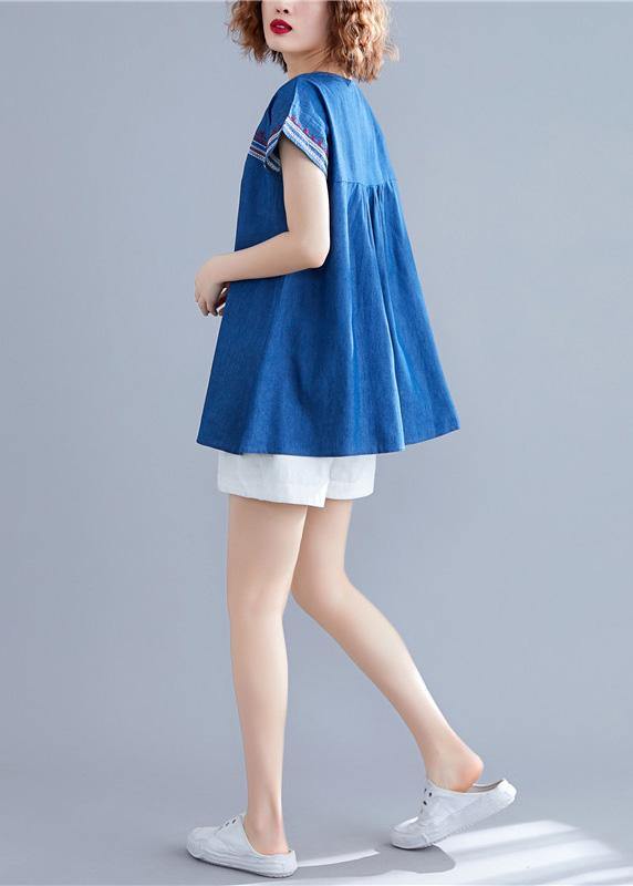 Women o neck patchwork cotton blouses Work denim blue summer