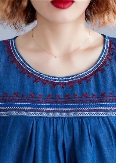 Women o neck patchwork cotton blouses Work denim blue summer