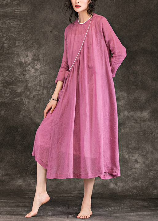 Women o neck tie waist linen Long Shirts Fine Shirts pink Plus Size Dress Summer