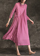 Load image into Gallery viewer, Women o neck tie waist linen Long Shirts Fine Shirts pink Plus Size Dress Summer