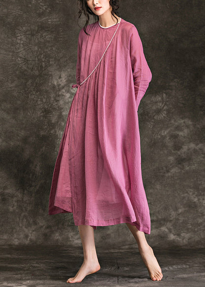 Women o neck tie waist linen Long Shirts Fine Shirts pink Plus Size Dress Summer