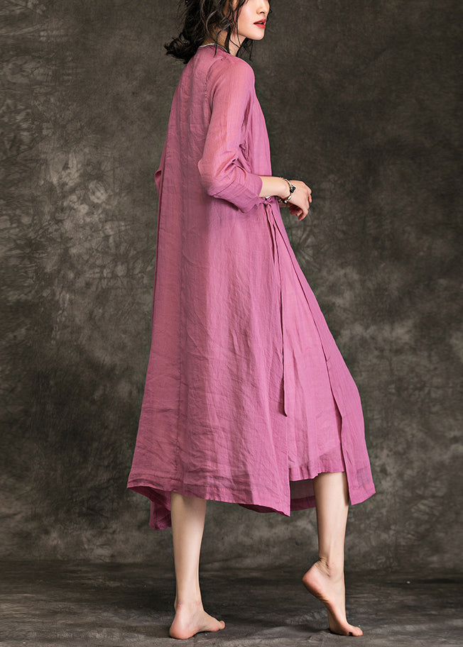 Women o neck tie waist linen Long Shirts Fine Shirts pink Plus Size Dress Summer