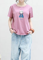 Women pink cotton crane tops prints tunic summer shirts