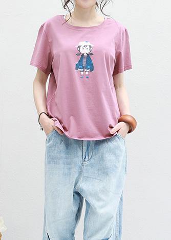 Women pink cotton crane tops prints tunic summer shirts