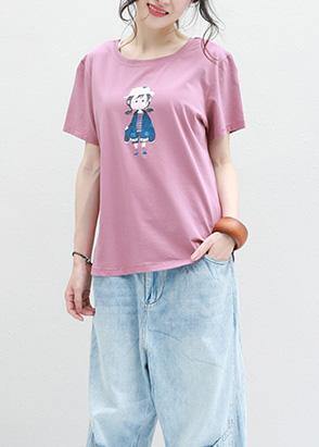 Women pink cotton crane tops prints tunic summer shirts