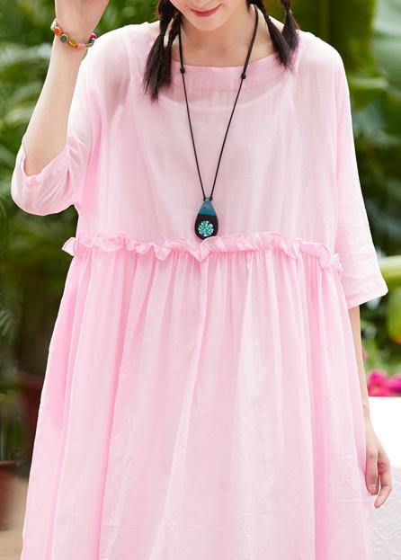 Women pink cotton linen Robes o neck patchwork A Line summer Dresses
