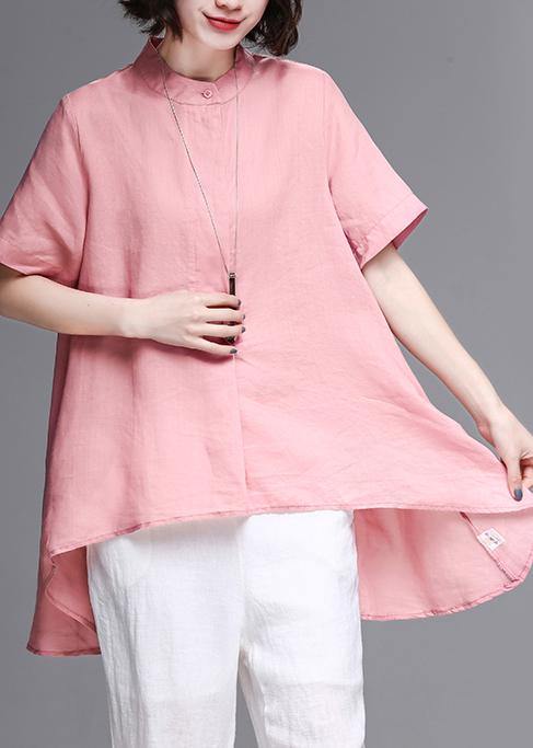 Women pink cotton linen clothes Work stand collar asymmetric summer tops