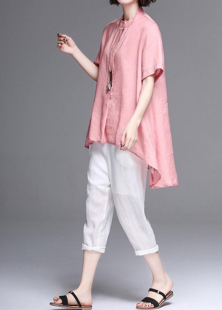 Women pink cotton linen clothes Work stand collar asymmetric summer tops