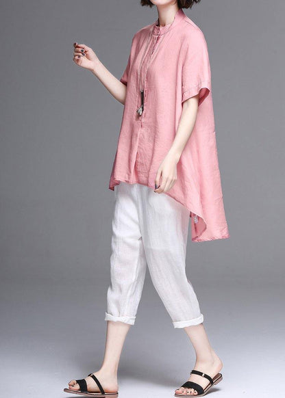 Women pink cotton linen clothes Work stand collar asymmetric summer tops