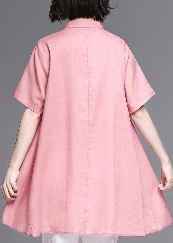 Women pink cotton linen clothes Work stand collar asymmetric summer tops