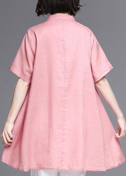 Women pink cotton linen clothes Work stand collar asymmetric summer tops