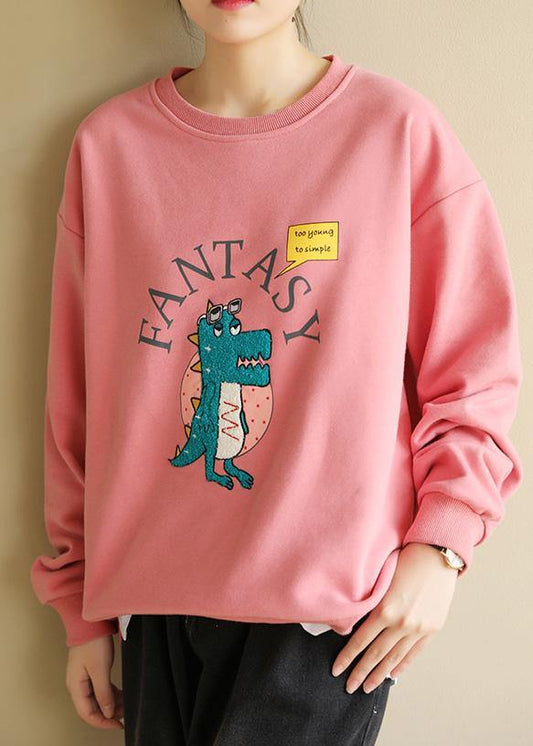 Women pink cotton linen tops women blouses Cartoon print Dresses o neck blouse