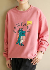 Women pink cotton linen tops women blouses Cartoon print Dresses o neck blouse