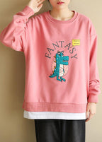 Women pink cotton linen tops women blouses Cartoon print Dresses o neck blouse