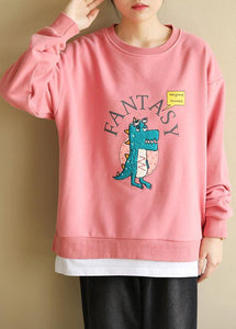 Women pink cotton linen tops women blouses Cartoon print Dresses o neck blouse