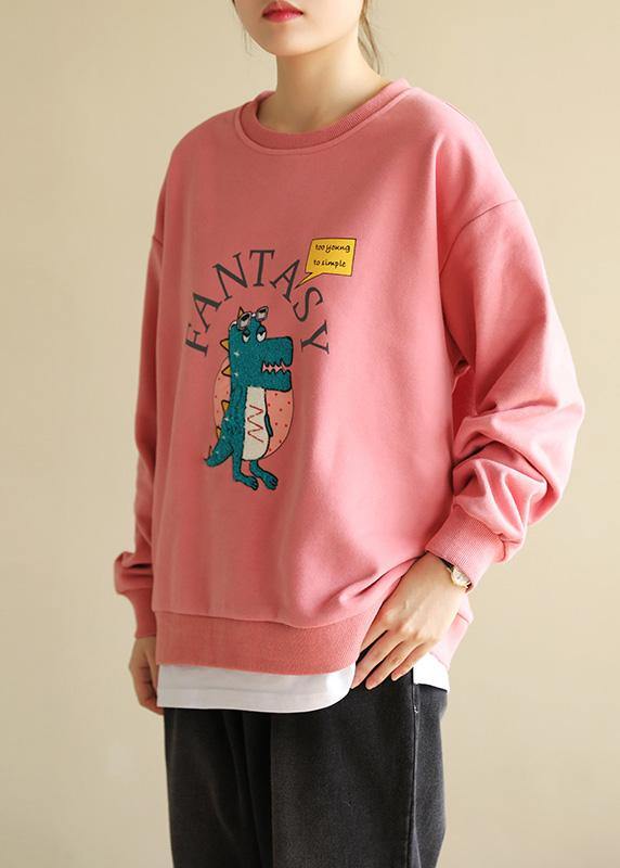 Women pink cotton linen tops women blouses Cartoon print Dresses o neck blouse