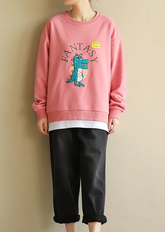 Women pink cotton linen tops women blouses Cartoon print Dresses o neck blouse