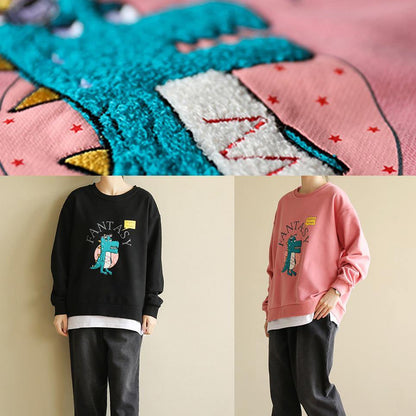 Women pink cotton linen tops women blouses Cartoon print Dresses o neck blouse