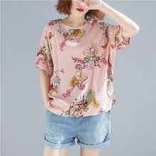 Load image into Gallery viewer, Women pink floral linen top silhouette Plus Size Outfits o neck Cinched tops