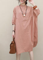 Women pink linen Robes stand collar Batwing Sleeve loose summer Dresses