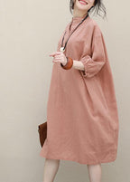 Women pink linen Robes stand collar Batwing Sleeve loose summer Dresses