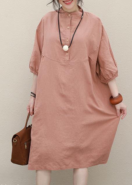 Women pink linen Robes stand collar Batwing Sleeve loose summer Dresses