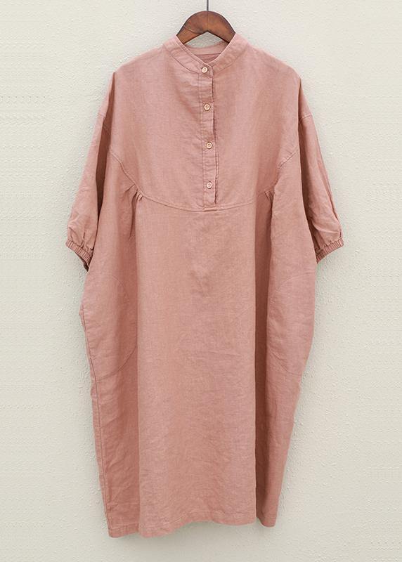 Women pink linen Robes stand collar Batwing Sleeve loose summer Dresses