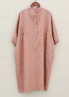 Women pink linen Robes stand collar Batwing Sleeve loose summer Dresses