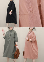 Women pink linen Robes stand collar Batwing Sleeve loose summer Dresses