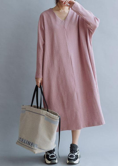 Women pink linen cotton outfit v neck Traveling fall Dresses