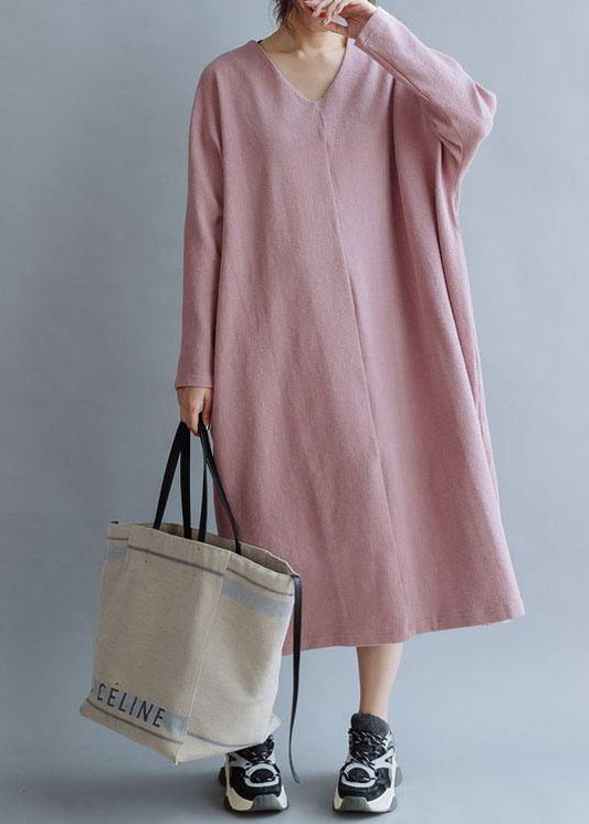 Women pink linen cotton outfit v neck Traveling fall Dresses