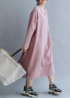 Women pink linen cotton outfit v neck Traveling fall Dresses