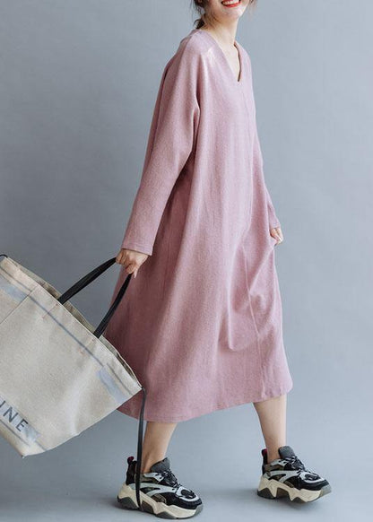 Women pink linen cotton outfit v neck Traveling fall Dresses