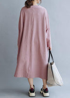 Women pink linen cotton outfit v neck Traveling fall Dresses