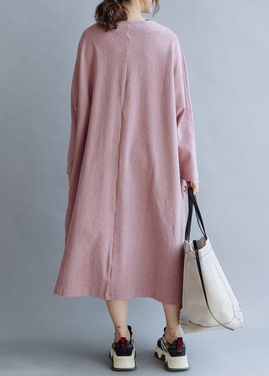 Women pink linen cotton outfit v neck Traveling fall Dresses