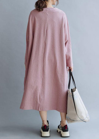 Women pink linen cotton outfit v neck Traveling fall Dresses