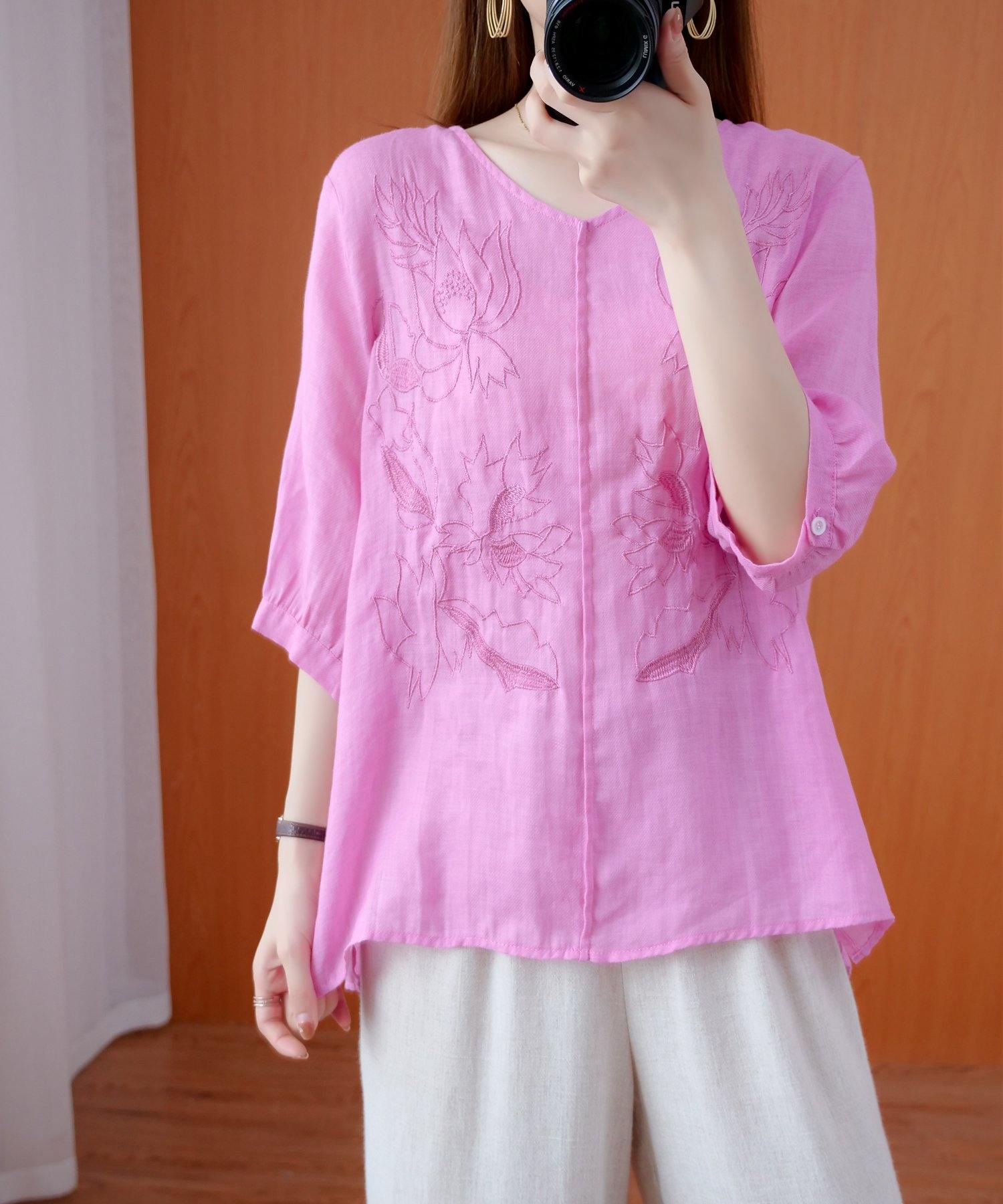 Women pink shirts v neck embroidery oversized summer shirts