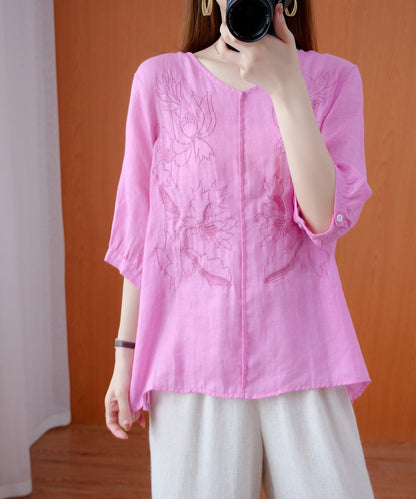 Women pink shirts v neck embroidery oversized summer shirts