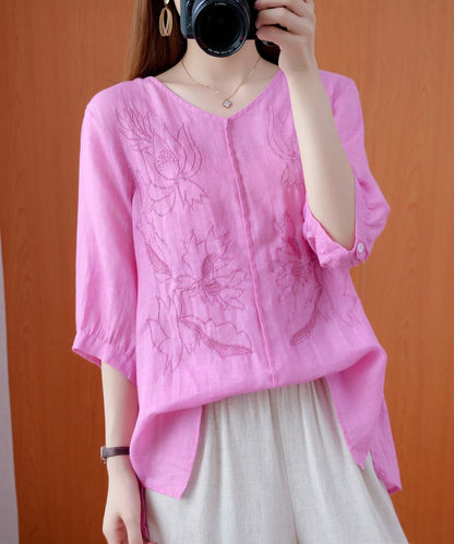 Women pink shirts v neck embroidery oversized summer shirts