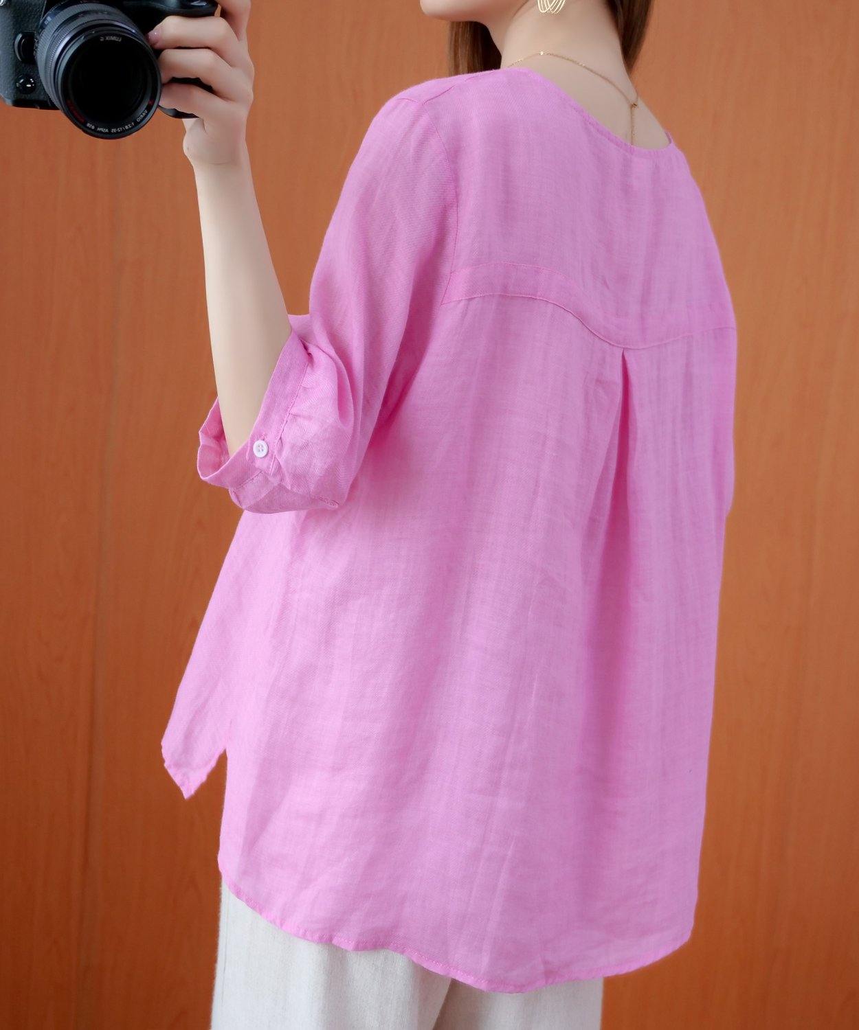 Women pink shirts v neck embroidery oversized summer shirts
