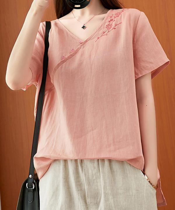 Women v neck clothes For Women Sleeve pink embroidery tops