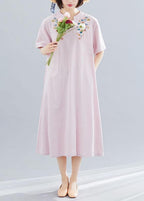 Women v neck linen clothes Neckline pink embroidery Dress summer