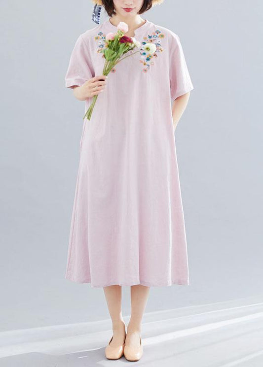 Women v neck linen clothes Neckline pink embroidery Dress summer