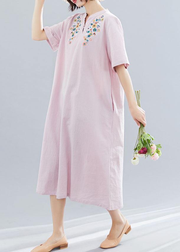 Women v neck linen clothes Neckline pink embroidery Dress summer