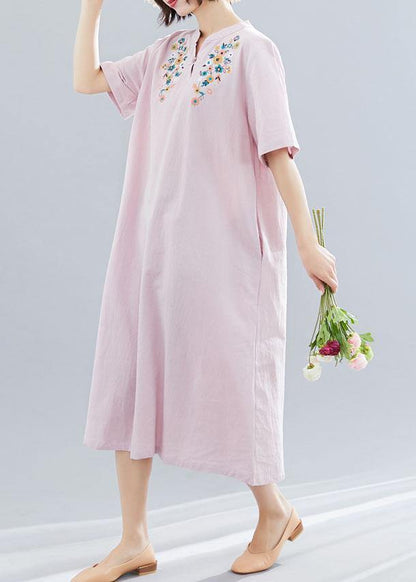 Women v neck linen clothes Neckline pink embroidery Dress summer